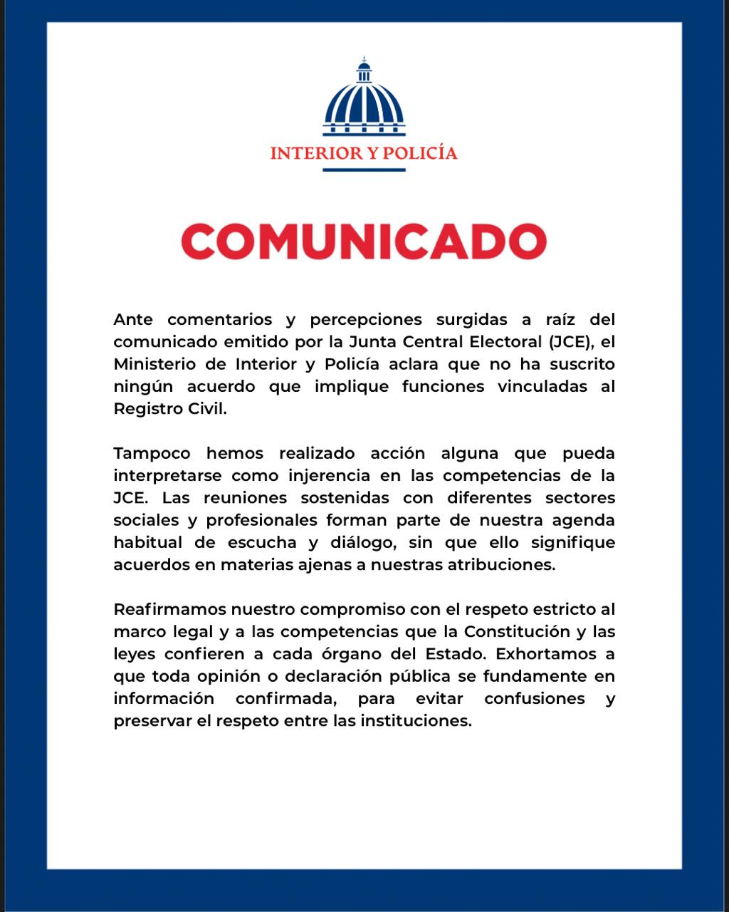 Ministerio de Interior y Policía aclara que no ha asumido funciones del Registro Civil