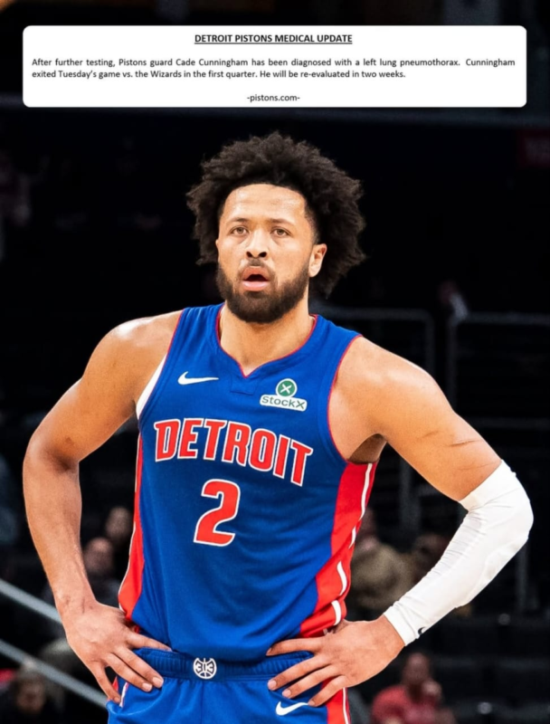 Golpe a los Pistons: Cade Cunningham sufre colapso pulmonar y estará fuera al menos dos semanas
