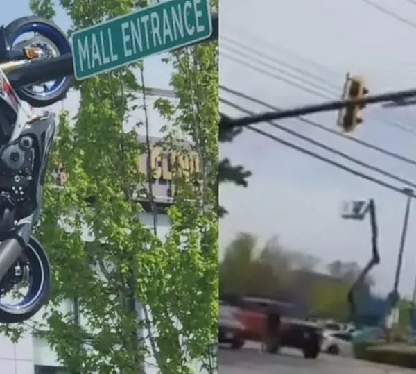 Motocicleta queda colgada de un semáforo tras aparatoso accidente en Canadá
